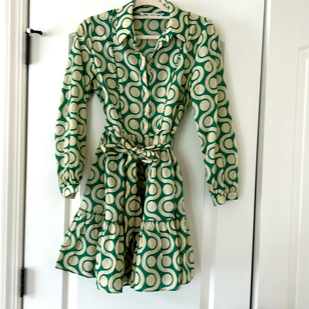 Zara Green and Cream Long Sleeve Shirt Dress